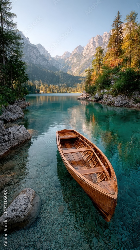 Tranquil wooden boat floating on clear waters surrounded by majestic mountains at sunrise in a serene alpine lake Tranquil wooden boat floating on clear waters surrounded by majestic mountains at sunrise in a serene alpine lake
