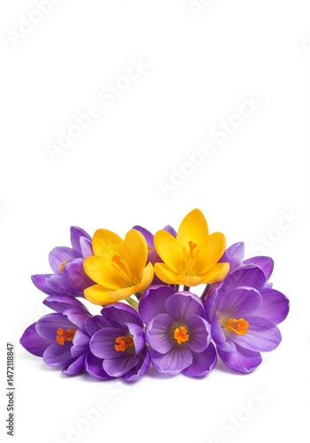 Beautiful arrangement of purple and yellow crocus flowers on a white background with copy space