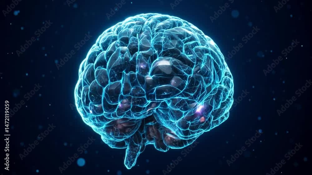 Futuristic 3D abstract brain with glowing neural networks, artificial intelligence technology concept on black digital background
