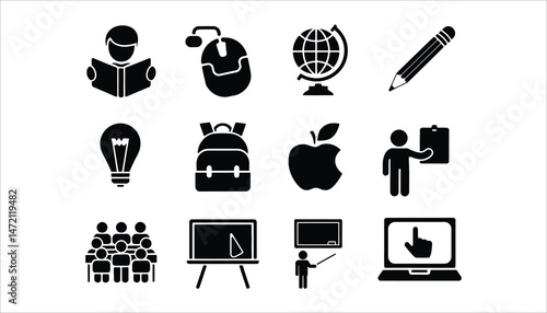 Education and Learning Icons Set Book, Globe, Pencil, and More