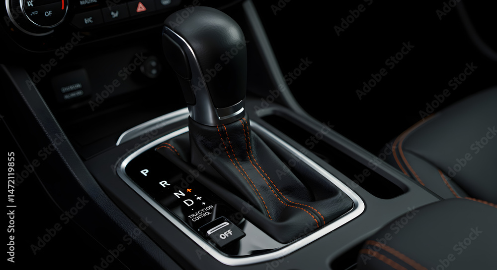 Fototapeta premium Close Up Car Automatic Gear Stick with Orange Stitching Black and Gray Console Vehicle Interior Detailing and Smooth Lighting