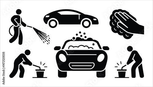 Car Wash Icons: Washing, Scrubbing, and Rinsing a Vehicle