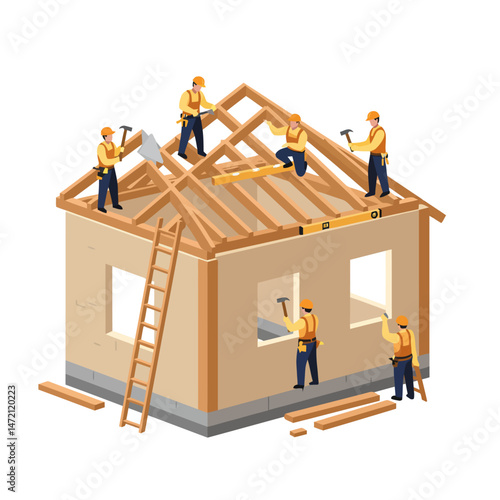 Workers Constructing New Home Framing with Wood Beams and Ladder