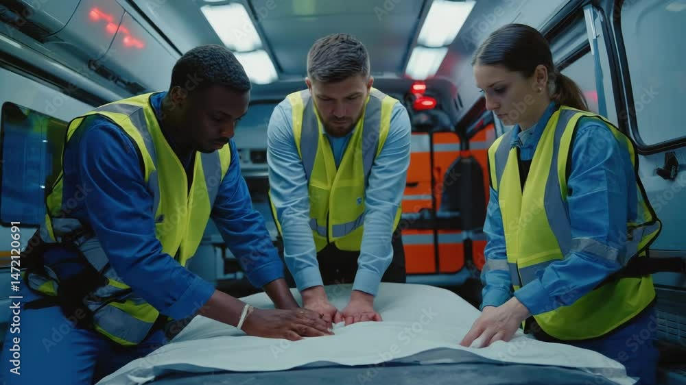 Paramedics Reviewing Medical Chart in Ambulance