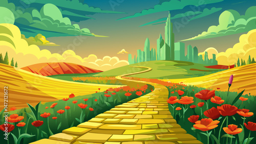 Yellow brick road leading through poppy field to green emerald city in the distance. Wizard of Oz concept. Very beautiful