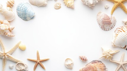 Seashells and Starfish Frame on White Background