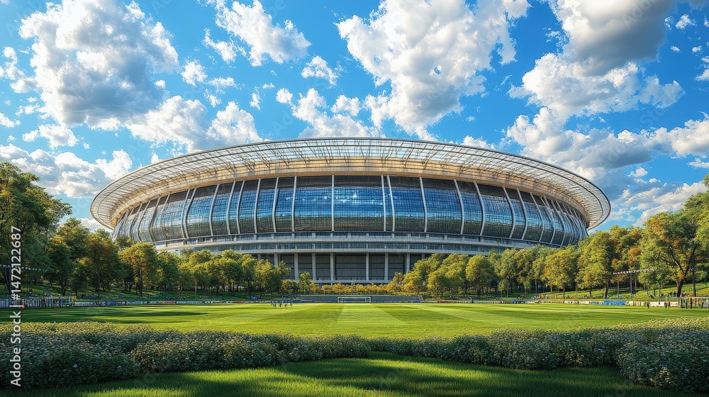 Fototapeta premium Spacious stadium structure under a vibrant summer sky.