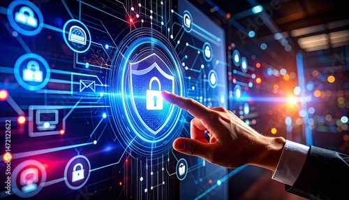 A hand touches a digital screen displaying a padlock, symbolizing cybersecurity and data protection in a high-tech environment.