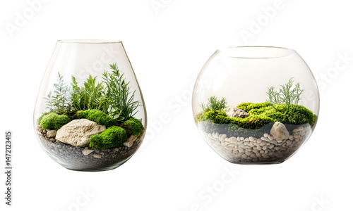 Set of Glass terrarium with moss, isolated on a transparent background, cutout, png