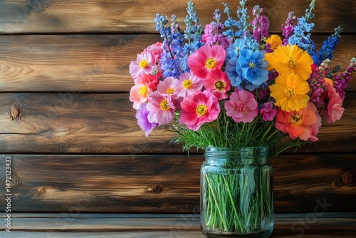 Wallpaper Mural Fresh colorful flowers in mason jar, rustic wood background, bright. Perfect for home decor, gift, greeting card design, or background. Torontodigital.ca