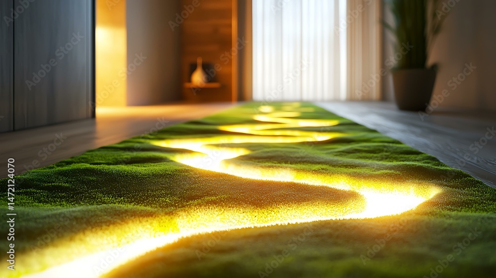 Fototapeta premium A reactive rug that glows gently where someone steps, powered by foot pressure, with a moss-texture design feel, future-home detail, 8K sharp render