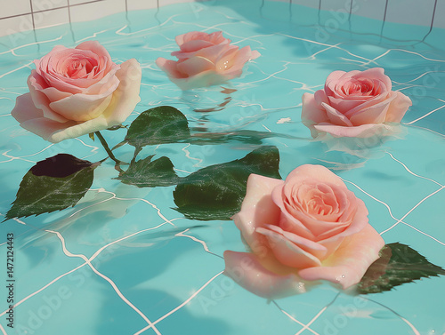 Delicate pink roses float on the surface of a turquoise pool with geometric tile reflections. Romantic floral composition meets modern poolside aesthetics.