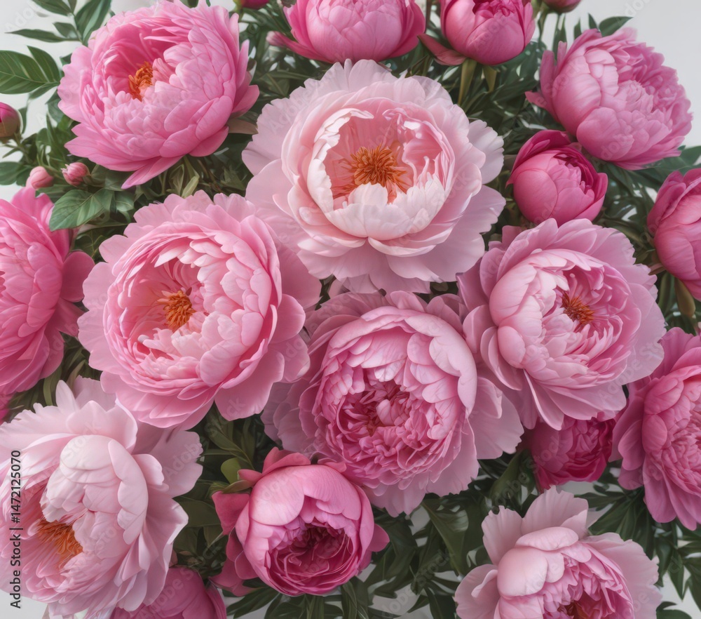 Fototapeta premium Vibrant pink peonies and roses, lush bouquet, white backdrop , spring, pastel, anniversary