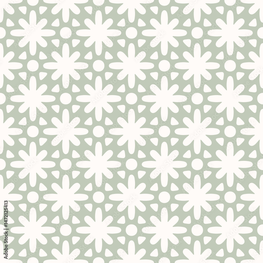 Vector geometric floral ornament. Abstract seamless pattern with bold flower silhouettes, rounded shapes, grid, lattice. Simple light green and white background. Subtle texture. Repeated geo design Vector geometric floral ornament. Abstract seamless pattern with bold flower silhouettes, rounded shapes, grid, lattice. Simple light green and white background. Subtle texture. Repeated geo design