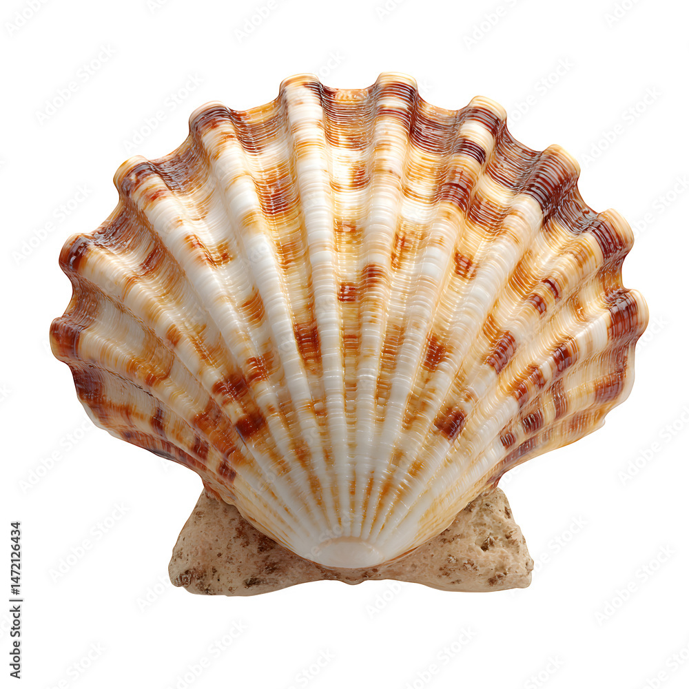 Obraz premium Stunning Closeup of a Scallop Shell with Intricate Brown and White Stripes against a White Background Ocean Seashell Seashore Coastal Nature Wildlife Specimen