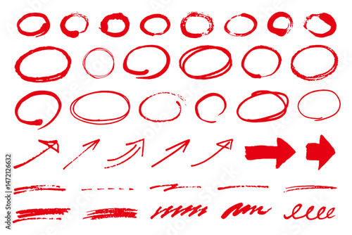 手描きの楕円、矢印、線のセット。落書き風の装飾。図形のベクターイラスト。