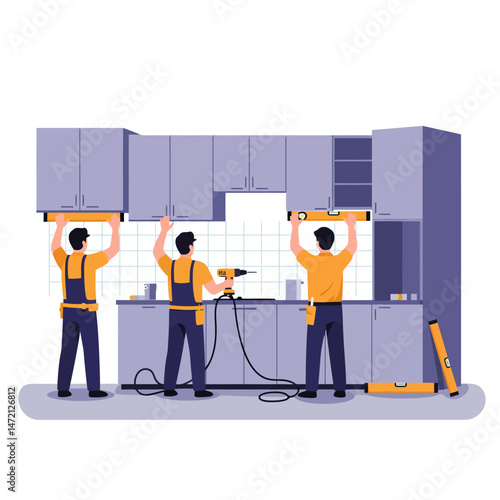 Workers Installing Kitchen Cabinets with Drill and Leveling Tools
