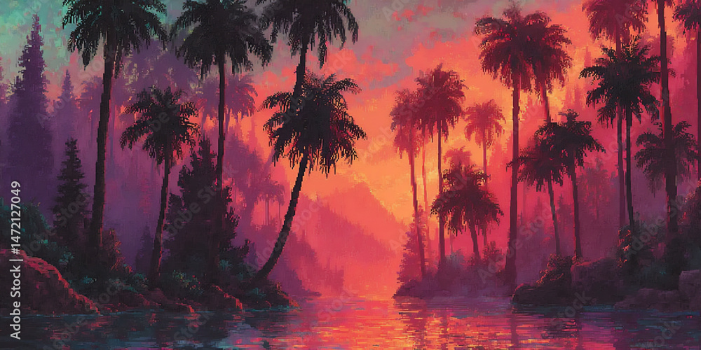 Fototapeta premium tall palm trees silhouetted against a colorful tropical sunset over a calm ocean.