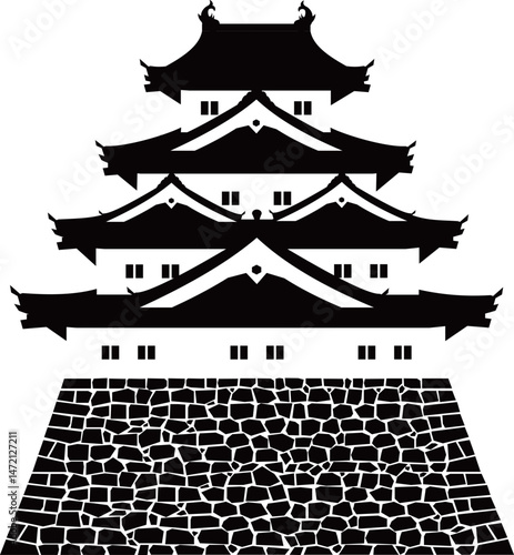 日本の城　四重四階の天守の白黒イラスト