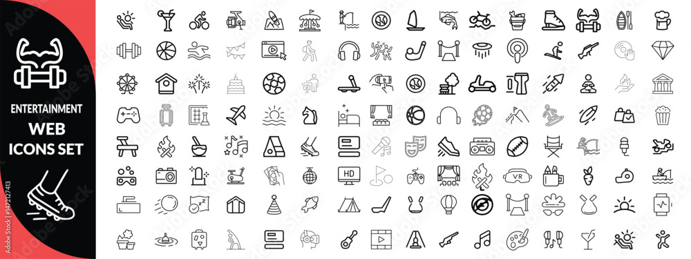 Fototapeta premium Entertainment set of web icons in line style. Lifestyle and Entertainment icons for web and mobile app. Theater, cinema, video, dance, theater, game. Vector illustration