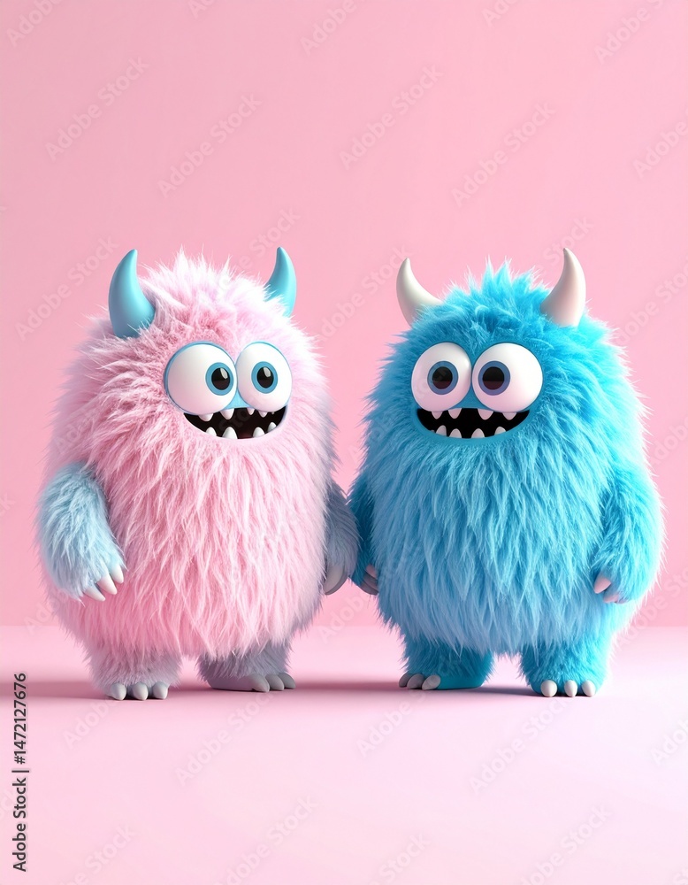 two furry cute 3d character monsters 