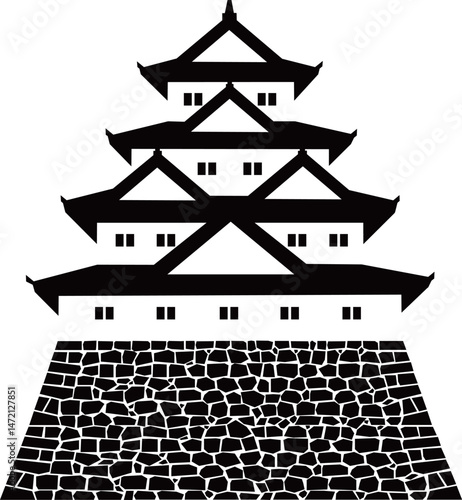 日本の城　四重四階の天守の白黒イラスト