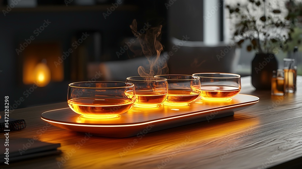 A levitating multi-cup tea tray with kinetic gyroscopic balance, glowing with heat indicators instead of handles, minimalist futuristic dining, 8K ultra-detailed A levitating multi-cup tea tray with kinetic gyroscopic balance, glowing with heat indicators instead of handles, minimalist futuristic dining, 8K ultra-detailed