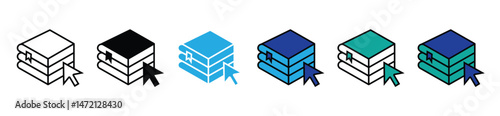 online library book stack with pointer arrow icon set education study digital course arrow pointing literature journal document signs vector illustration for web and app