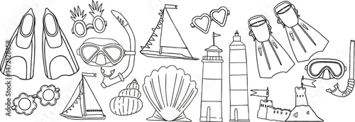 vector set of cute linear elements vacation on the coast graphics coloring
