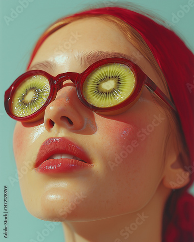 A glossy close-up of a woman wearing kiwi slice sunglasses under bright sunlight. Tropical fashion fantasy with a fresh fruit-inspired concept.