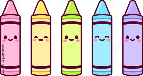 Cute cartoon crayons set. Colorful crayons with kawaii faces. Vector clipart illustration.