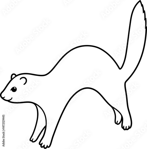 Funny playful jumping ferret drawing, black and white line art illustration.