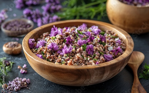 Wooden bowl of buckwheat porridge topped with edible purple flowers and herbs.