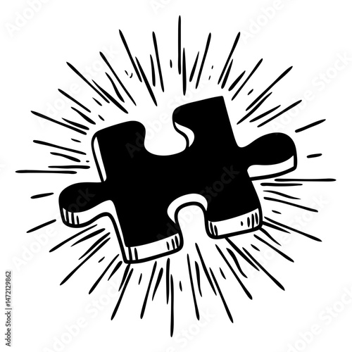 Puzzle piece with rays emitting icon vector. Radiant puzzle piece of success logo