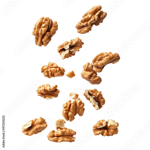 Delicious walnut kernels falling from above, ready to be enjoyed!