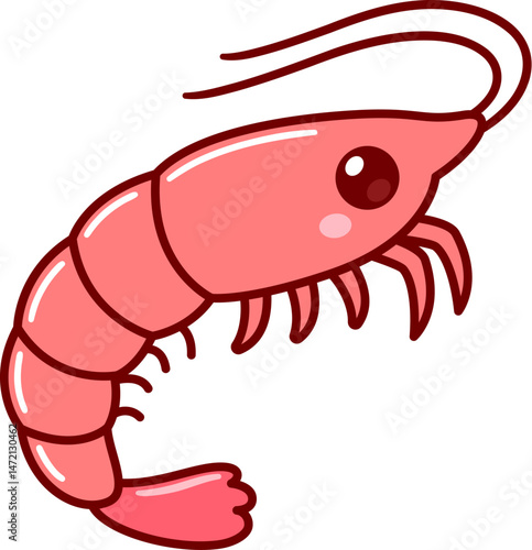 Cute cartoon shrimp drawing. Kawaii pink shrimp vector clip art illustration.