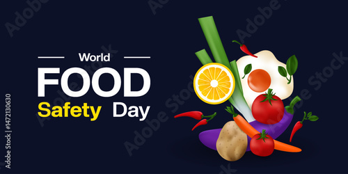 World Food Safety Day. Potato, chili, lemon, eggplan,  tomato, carrot, egg and spring onion. Great for posters, banners, social media and more. Dark background.