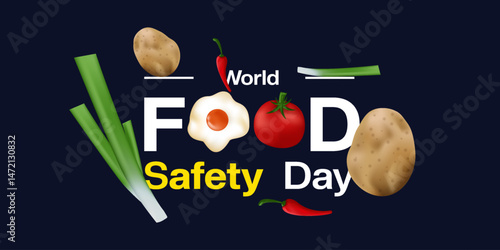 World Food Safety Day. Chili, potato, tomato, egg and spring onion. Great for posters, banners, social media and more. Dark background.