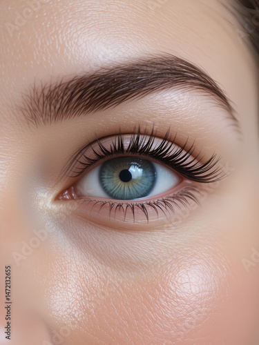 Close-up of a woman's eye after an eyelash lamination procedure.