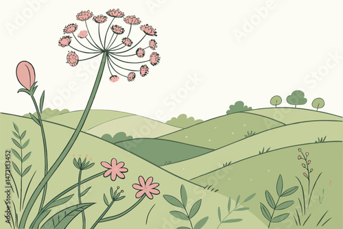 25 Idyllic countryside meadow, giant Queen Anne's lace flower, pink umbel, rolling green hills, wildflowers, soft pastel colors, misty horizon, dreamy atmosphere, detailed botanical illustration, chil