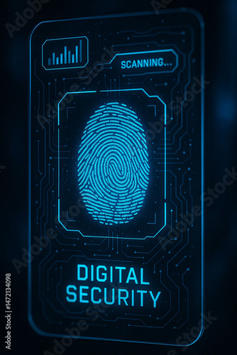 A futuristic fingerprint scanner glows on a glass panel, surrounded by a holographic blue interface in a high-tech, cyberpunk-style security system