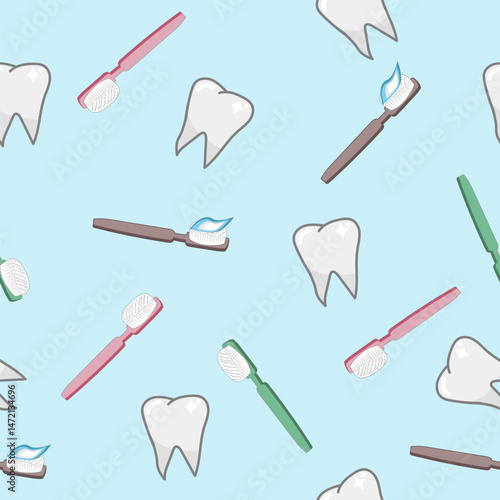 Vector seamless pattern with teeth and toothbrushes. For printing, packaging, textiles