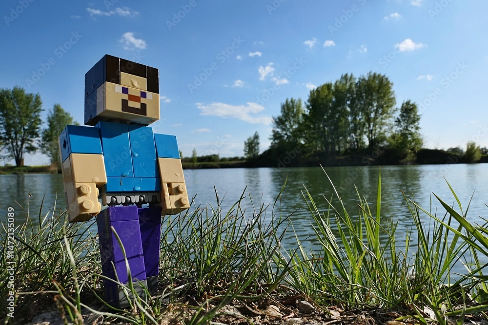 Fototapeta premium LEGO Minecraft action figure of main character Steve, walking on bank of large spring fish pond, broadleaf trees, shrubs and reed plants in background.