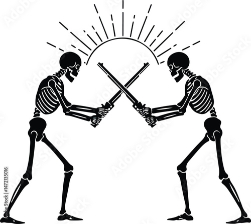 Duelling Skeletons with shot guns Gothic Duel Vector Illustration