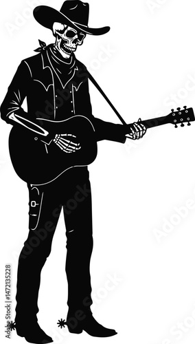 Skeleton Cowboy Guitarist Undead Western Musician Vector Silhouette