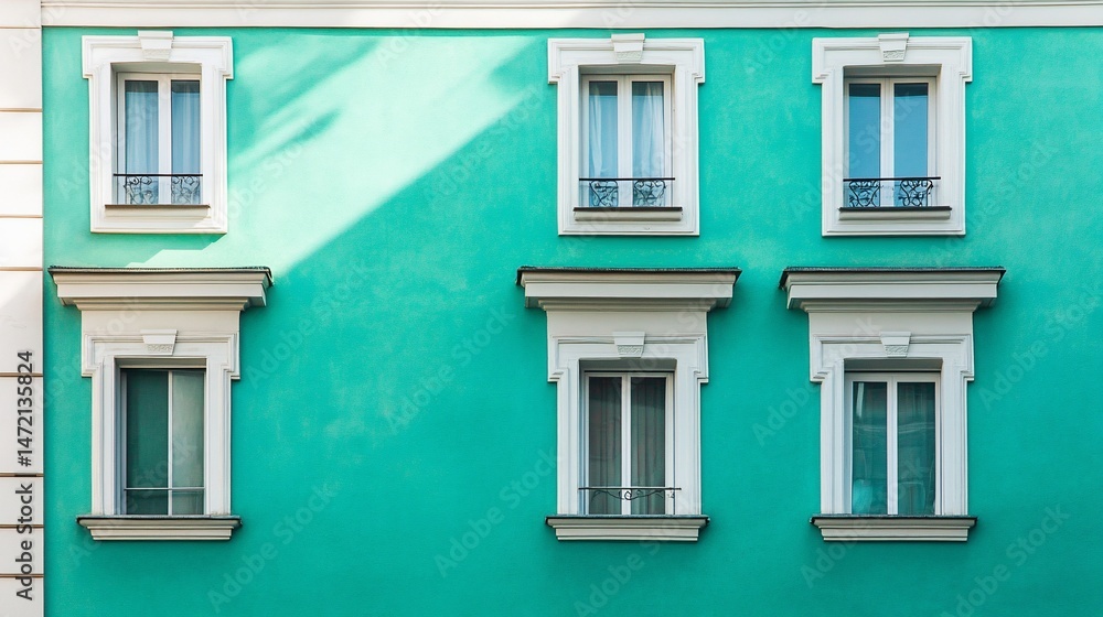 Obraz premium A teal building facade with classic white window frames.