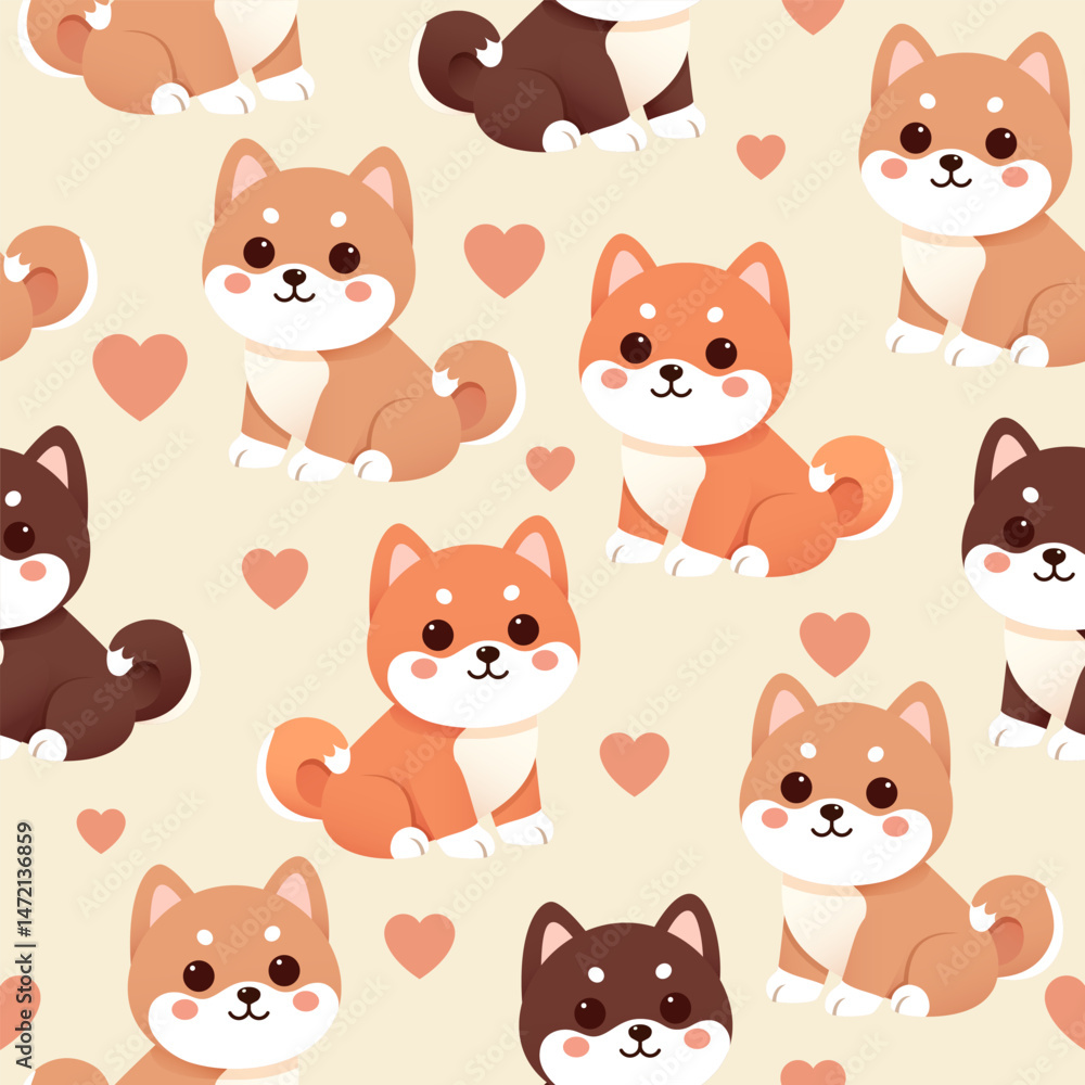 Fototapeta premium Cute puppy dog shiba cartoon pattern seamless background vector illustration.