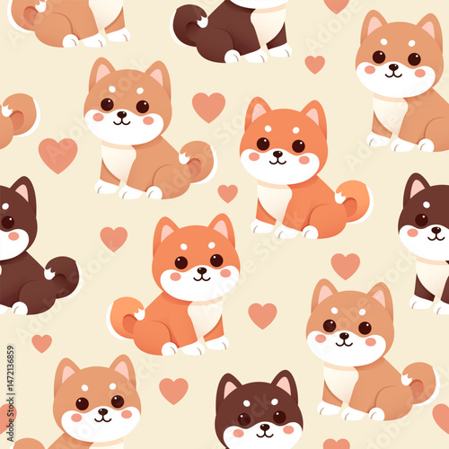 Cute puppy dog shiba cartoon pattern seamless background vector illustration.