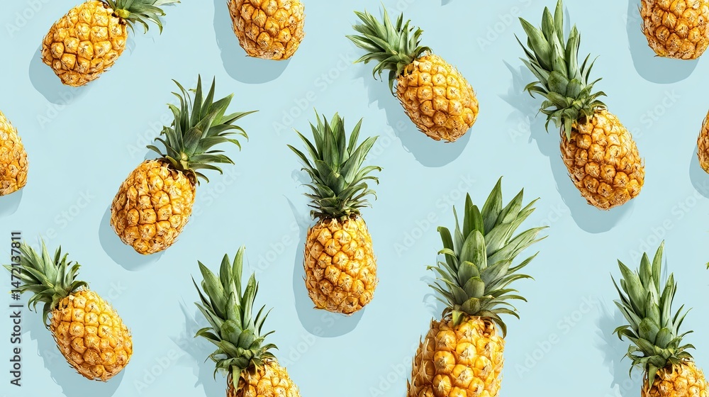 Fresh pineapples arranged in seamless pattern on light blue background in tropical summer concept Fresh pineapples arranged in seamless pattern on light blue background in tropical summer concept