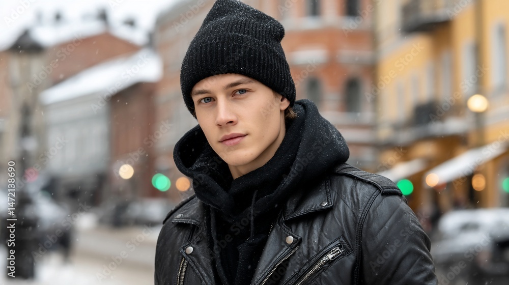 Man with a black beanie and leather jacket stands in an urban snowy landscape Man with a black beanie and leather jacket stands in an urban snowy landscape